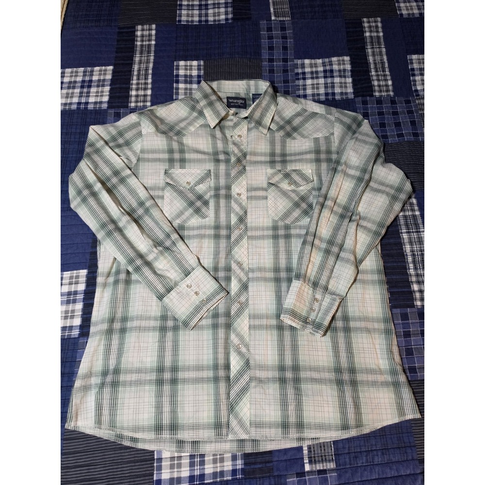 Vintage Wrangler Pearl Snap MenXXLT Shirt Window Pane Plaid Western Button Green